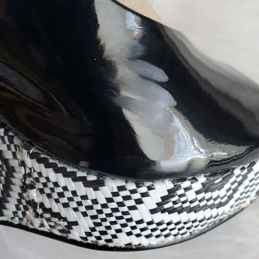 Audrey Brooke Black/White Espadrilles Peep Toe Wedge Sandals SZ 8